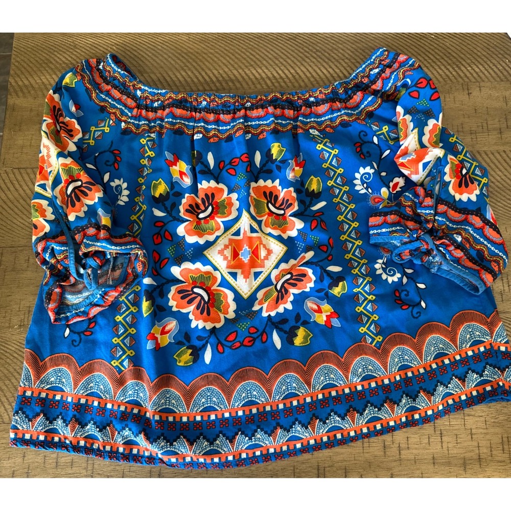 Flying‎ Tomato Boho Off-The-Shoulder Floral Border Print Top Medium Blue Tie
